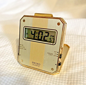 Vintage Seiko Quartz Travel Alarm Clock Folding Gold Tone Digital Works