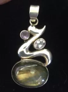 Sterling Silver Abstract Pendant 3 Stones - Picture 1 of 12