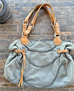 KENNETH COLE NEW YORK RN81633 BLUE/GRAY LEATHER 2 HANDLE SHOULDER BAG - Picture 1 of 10