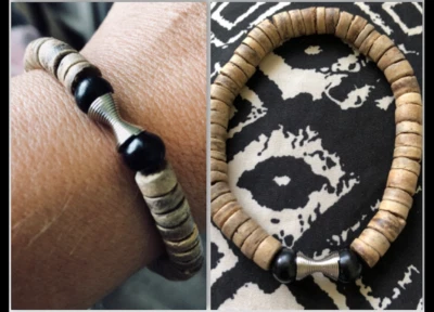 Black Tourmaline Coco Wood Spiritual Triangle Reflect Glyph Dagaz Bead Bracelet  - Image 1 of 4