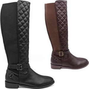 Quilted Ladies Knee High Elastic Stretch Calf Faux Leather Riding Winter Boots - Picture 1 of 8