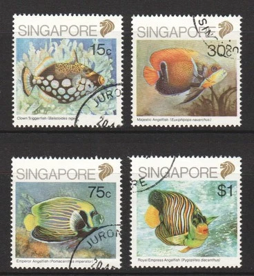 SINGAPUR 1989 SERIE PECES (PEZ ÁNGEL Y PEZ GATILLO) COMP. JUEGO DE 4 SELLOS USADOS Foto 1 de 4