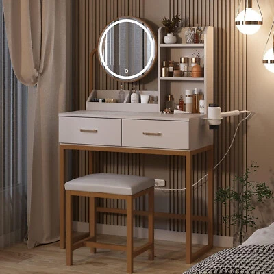 Modern Dressing Table Set with LED Light Mirror Stool Drawers Shelves Bedroom - Image 1 of 4