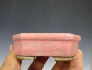 Japanese Bonsai pot SANSEKI signed Pink glazed Angled corners Rctgl w2.8" *741 7 - Picture 1 of 9