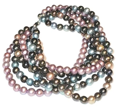 Multi Colors Pearl Bracelet 6 Strand Peacock Pearls Sterling Silver 925 5.5mm 8" - Image 1 of 4