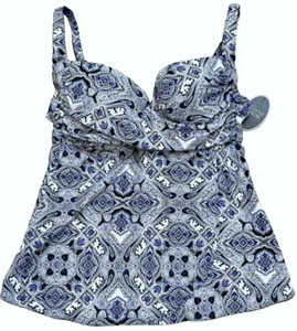 NEW SOMA BLUE WHITE PAISLEY CROSS FRONT UNDERWIRE TANKINI SWIMSUIT SWIM TOP 36C - Picture 1 of 5