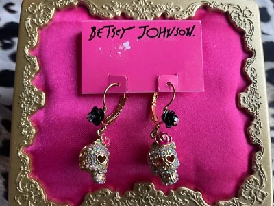 Pendientes Betsey Johnson Vintage Cazador de Vampiros Cristal AB Calavera Negro Oro Rosa Foto 1 de 2