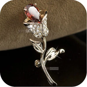 18K ROSE GOLD GP MADE WITH SWAROVSKI CRYSTAL LUXURY FLOWER TULIP LEAVES BROOCH  - Picture 1 of 1