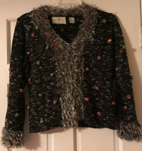 DESIGN OPTIONS PHILIP & JANE GORDON Cardigan Sz Large Fringe Pompom Women's - Picture 1 of 6