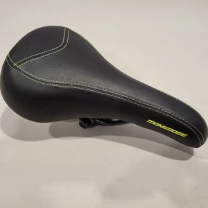 Mongoose Excursion Mountain Bike Seat Black Leather Green Lettering 10.75x6 in - Picture 1 of 6