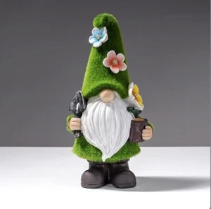 Garden Gnome Statue Outdoor Decor 10.5" Flocked Gnome Figurine Solar Light Resin - Picture 1 of 3