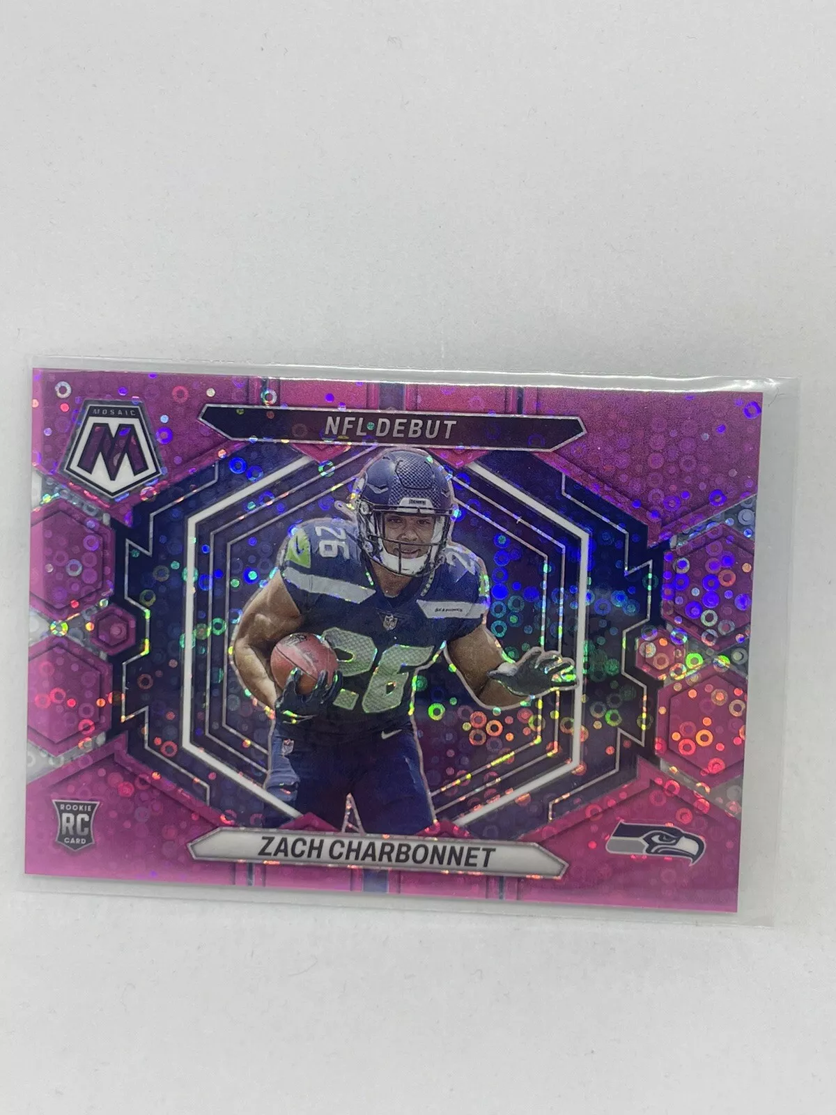 2023 Panini Mosaic NFL Debut Pink Disco No Huddle /20 Prizm #11 Zach Charbonnet