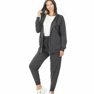 Zenana Womens French Terry Raglan Sleeve Jacket and Jogger Pant Set, Charcoal S - Picture 1 of 10