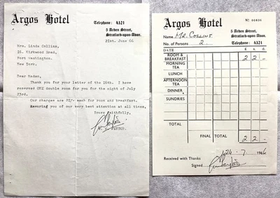 STRATFORD-UPON-AVON, ENGLAND 1966- ARGOS HOTEL SIGNED LETTER & RECEIPT - Image 1 of 4