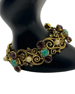 Victorian style gold tone scroll faux pearl purple rhinestone chain bracelet - Picture 1 of 13