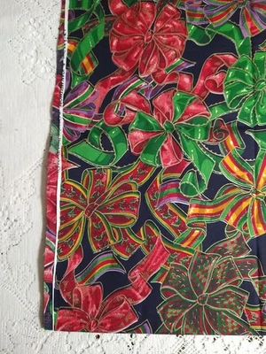 REMNANT Christmas Ribbons & Bows Fabric Cotton Gold Accents Messmore VIP 16"x16" - Image 1 of 4