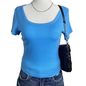 Y2K Ribbed Baby Tee Women's Large Blue Scoop Neck Pinterest Fitted Ambiance - Picture 1 of 7