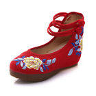 Women Handmade Chinese Embroidered Flower Shoe Mary Janes Wedge Mid Heels Shoes