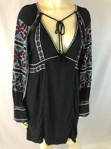 Free People Kleid S schwarz Boho Baumwolle Viskose Mischung Stickerei Pullover Taschen - Bild 1 von 12