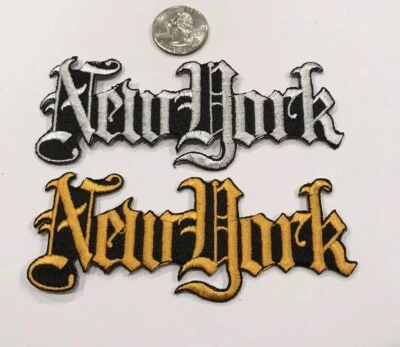 (2)-HIERRO BORDADO VINTAGE DE NUEVA YORK EN PARCHES. 5"x 2" DORADO/BLANCO/HERMOSO! Foto 1 de 3