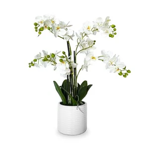 26" Artificial Flowers Potted Faux Realistic White Orchid in Ceramic Pot Decor - Picture 1 of 5