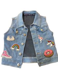 GIRLS LIMITED TOO DENIM VEST with colorful patches sleeveless unicorn donut - Picture 1 of 2
