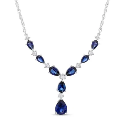 6Ct Pear Lab-Created Sapphire Women's Party Wear Necklace 14K White Gold Plated - Image 1 of 4