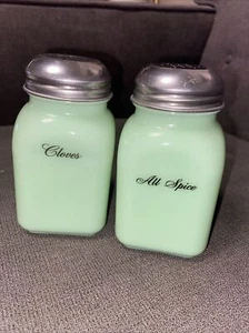 Jadeite “Clove” and “All Spice” Art Deco Green Milk Glass Vintage-Style Shakers - Picture 1 of 8