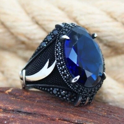 Zulfiqar 剑蓝色锆石纯色 925 纯银男式戒指 — 第 1/4 张图片