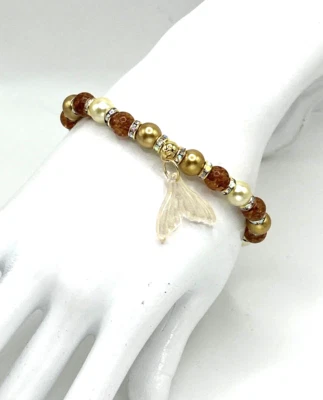 8" Mermaid Tail Stretch Bracelet Gold & Brown Glass & Acrylic Beads Rhinestones - Image 1 of 4