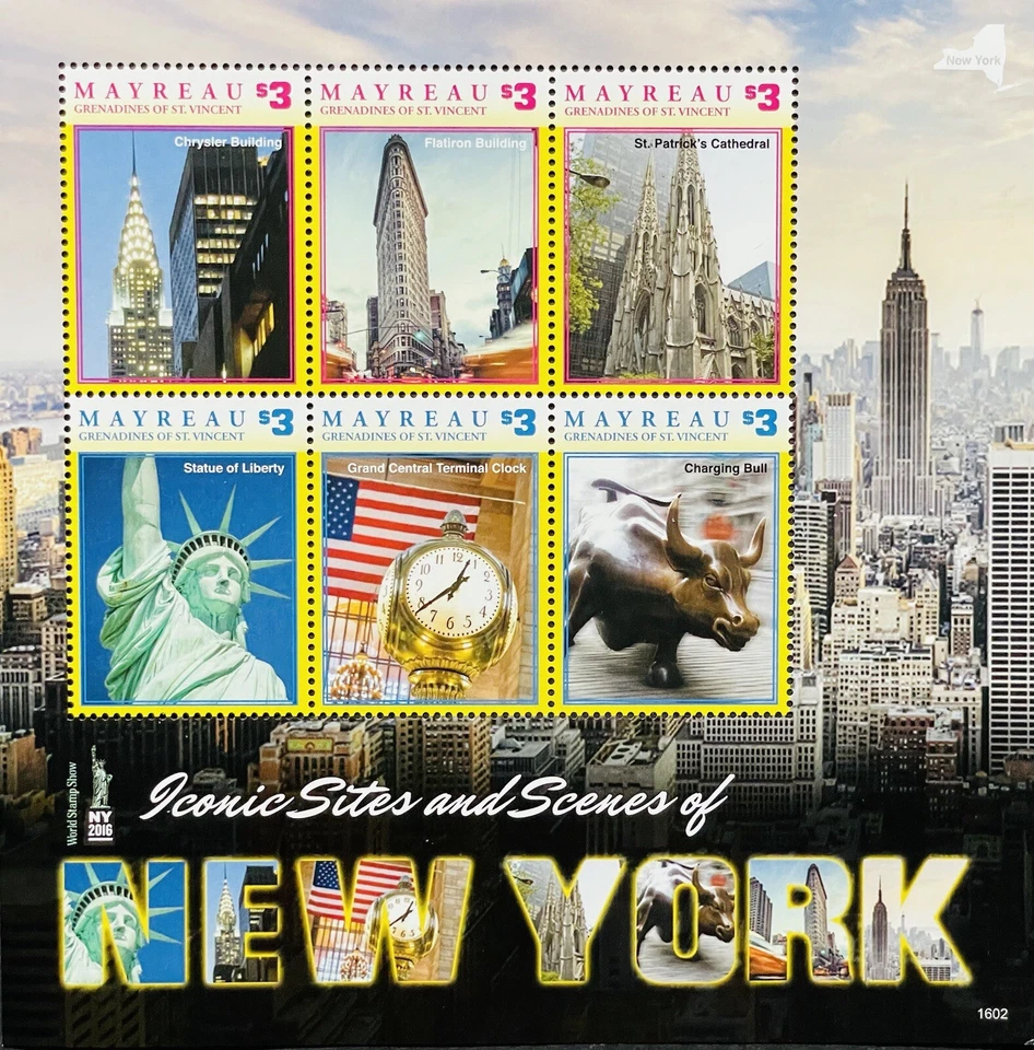 MAYREAU SITIOS ICÓNICOS Y ESCENAS DE SELLOS DE NUEVA YORK 2016 MNH GRAN RELOJ CENTRAL Foto 1 de 1