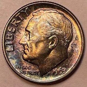 1963 Rainbow Toning Roosevelt Silver Dime Brilliant Uncirculated BU Coin #20845 - Picture 1 of 4