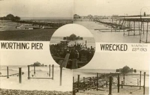 REAL PHOTO MULTIVIEW POSTCARD OF WORTHING PIER WRECKED BY STORM 23/3/1913 SUSSEX - Picture 1 of 2