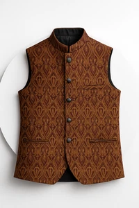 Men’s Waistcoat Medium – Brown & Gold Pattern, Wedding/Party Nehru Vest - Picture 1 of 1