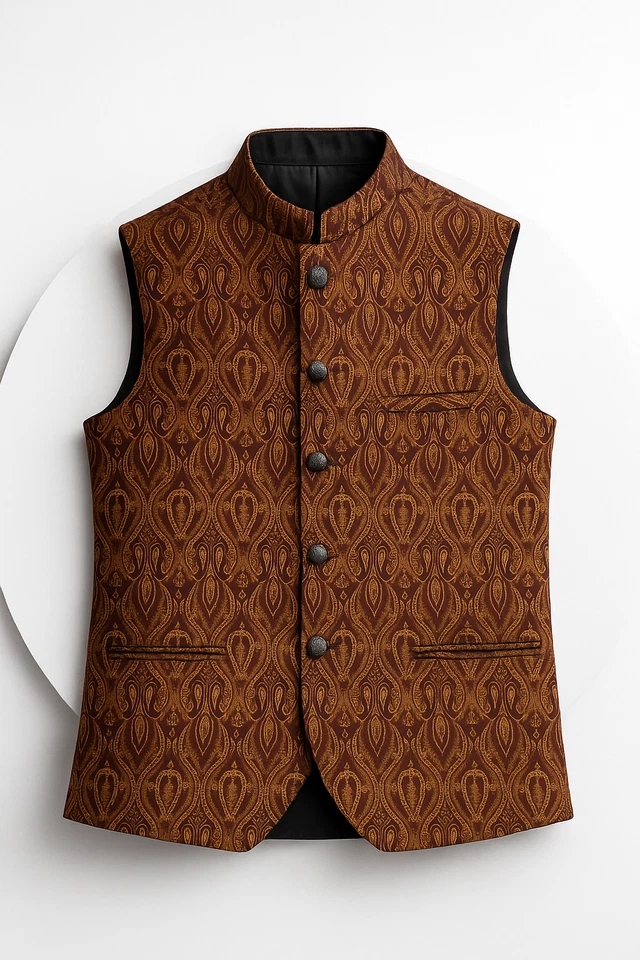 Men’s Waistcoat Medium – Brown & Gold Pattern, Wedding/Party Nehru Vest - Image 1 of 1