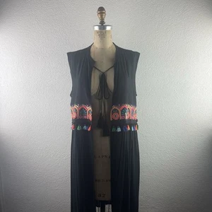 Retro l M/L Black Colorful Embroidered Tassel Tie Sleeveless Beach Swim Cover-Up - Picture 1 of 15