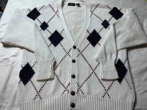 Vintage Structure Leather Button Up Cardigan Mens Size Large Argyle Multi Color - Picture 1 of 12