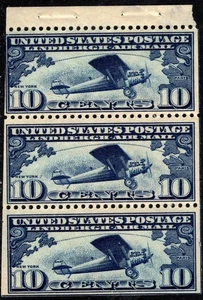 1927 Sc #C10a - 10c Lindbergh Airmail Booklet Pane - Top Stamp Thinned; CV $70 - Picture 1 of 2