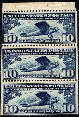 1927 Sc #C10a - 10c Lindbergh Airmail Booklet Pane - Top Stamp Thinned; CV $70 - Image 1 of 2