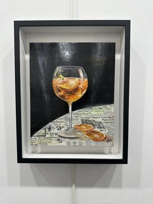 Pintura al óleo Aperol Spritz en periódico vintage panel de aluminio barra arte, regalo Foto 1 de 2