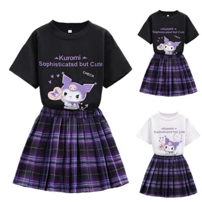 Kuromi Print Kids Girl Cartoon T-Shirt Plaid Pleated Skirts Set Outfit Dress