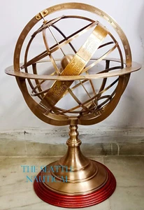 Vintage Brass Astrolabe Working Armillary Engrave Sphere Globe With Wooden Base - Picture 1 of 4