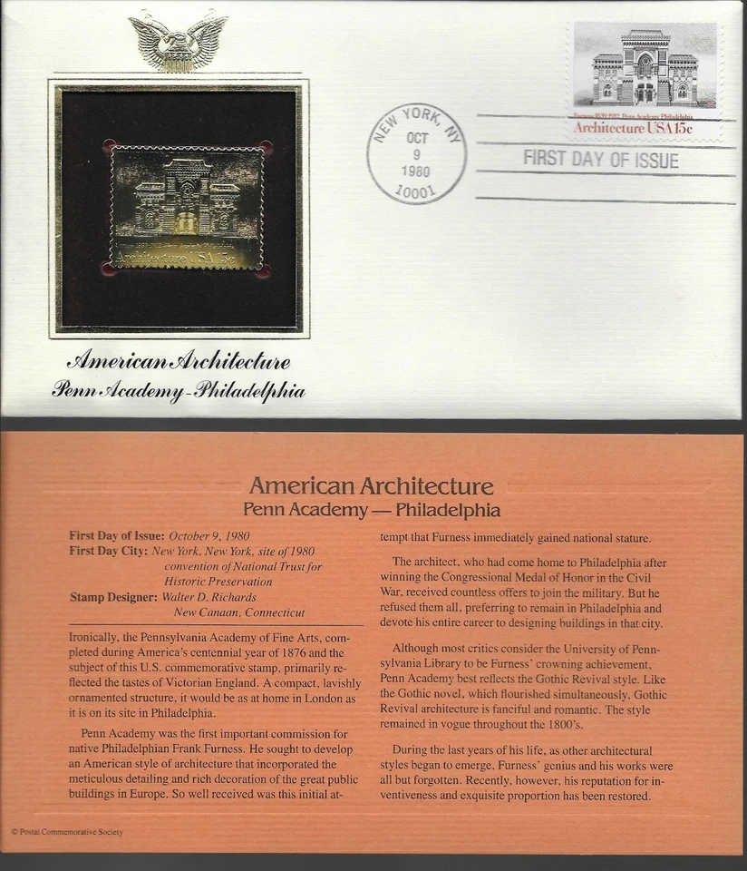 American Architecture-Penn Academy--Philadelphia-1st day issue-Golden Replica - Image 1 of 1