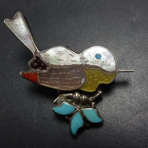 PIN/BROCHE Pájaro EVA ETSATE Vintage ZUNI Plata Esterlina TURQUESA MOP CORAL - Imagen 1 de 10