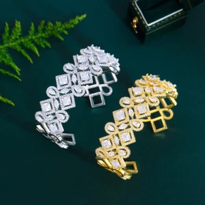 Verstellbarer klobiger vergoldeter CZ Damen-Armreif breit Tropfen quadratisch Tennis offene Manschette  - Bild 1 von 11