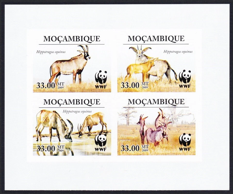 Mozambique WWF Roan Antelope Imperf Bloque de 4 2010 MNH MI#3658-3661 Sc#1930 Foto 1 de 1