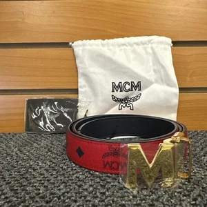 MCM ADJUSTABLE REVERSIBLE GOLD BUCKLE BELT Candy Red/Blue - Picture 1 of 8