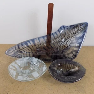 3pc Edwin Walter Fused Art Glass 14" Bowl Group Signed Gray Fern Leaf - Picture 1 of 8