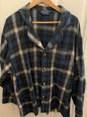 Pendleton Flannel Pajama Top Blue Gray Plaid 100% Cotton Lounge Shirt Size XL - Image 1 of 4