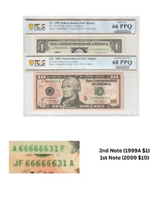 $1 and $10 Set of 2 Note MATCHING SERIAL NUMBERS 66666631 PCGS Graded 66/68 PPQ - Picture 1 of 3